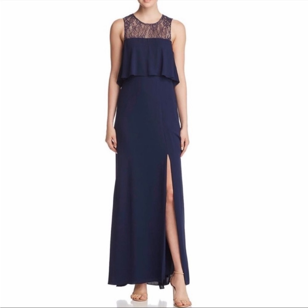 BCBGMAXAZRIA Navy Blue Lace Full Length Gown Dress Slit 4 NWT